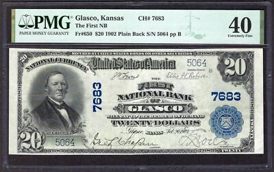 🇺🇸  KS 1902 $20  ♚♚GLASCO, KANSAS ♚♚ PMG EX FINE 40. BEST KNOWN!!! - Image 1 of 3