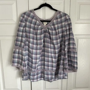 Chico’s Size 3 Crochet-Detail Gingham Linen Popover Top Purple Boho Peasant L/16 - Picture 1 of 11