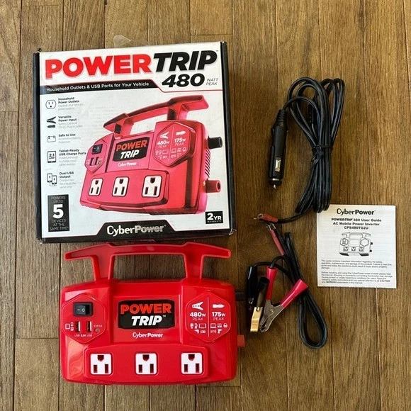 CyberPower NIB PowerTrip 480 Watt Peak AC Mobile Power Inverter 3 Outlets 2 USB - Image 1 of 4