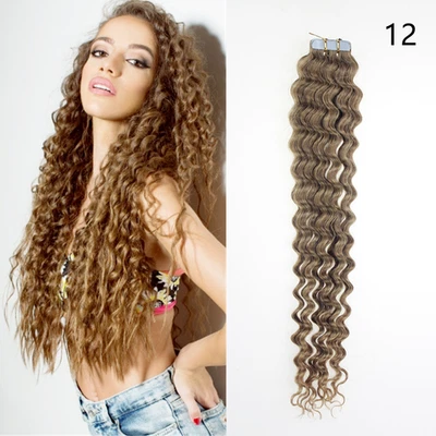 Water Wave Curl Tape In Human Hair Extensions Double Thick Skin Weft Light Brown - Immagine 1 di 4