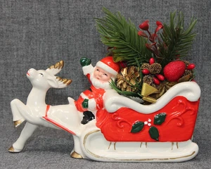 VINTAGE Brinn's Ceramic Santa & Reindeer Sleigh Planter Vase JAPAN, 8" Long EPOC - Picture 1 of 16
