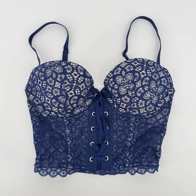 Victoria's Secret Size 32B Long Line Demi Bustier Bra Blue Lace Padded Push Up - Image 1 of 4