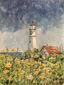 Original Watercolor Painting "Flowers Field And Lighthouse”  9"X 12" - Picture 1 of 6