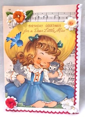 Adorable tarjeta de cumpleaños adornada vintage artesanal ¡ÚNICA EN SU CLASE! Gatitos Niña 5x7  Foto 1 de 4