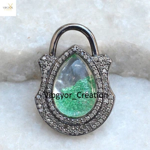 Pave Diamond Emerald Pendant Crystal Shaker Padlock Pendant 925 Silver Jewelry - Picture 1 of 5