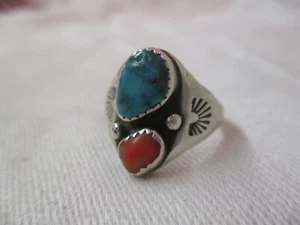 Vintage Sterling Ring Turquoise Coral stone etched design - Picture 1 of 3