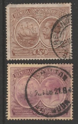 Bermudas sg59 y sg67 usadas GV 1920 1/4d y 6d Tercentenario 1ª edición - fallas Foto 1 de 2