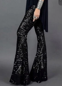 Blencot Black Flare Seqluins Pants Size L Halloween Whimsigoth Vamp Fairy Grunge - Picture 1 of 10