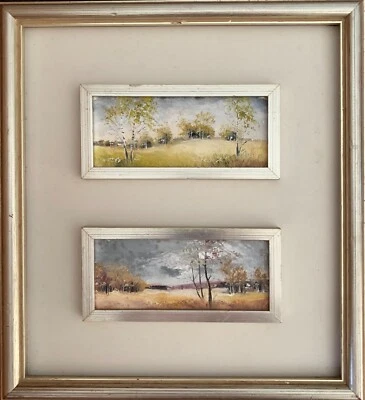 Dos pinturas en miniatura a juego, siglo XX, sin firmar, pastorales de primavera y otoño Foto 1 de 4