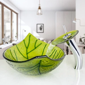 Grifo de drenaje de vidrio verde ovalado lavabo baño lavabo cascada - Imagen 1 de 12