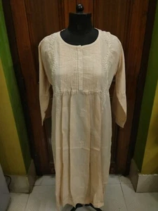 LONG TUCKS L SHIRT HANDMADE KURTI CHIKAN EMBROIDERY 100% COTTON ETHNIC KURTA TOP - Picture 1 of 6