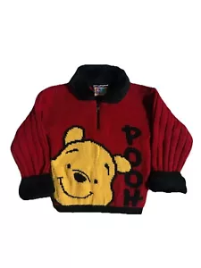 VTG 90s Kids Disney Winnie the Pooh Graphic Red/Black Knit Pullover Zip Sweater - Picture 1 of 10