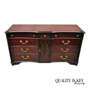 Mahogany Chinese Chippendale Long Dresser Credenza w/ Tooled Leather Door Front - Picture 1 of 12