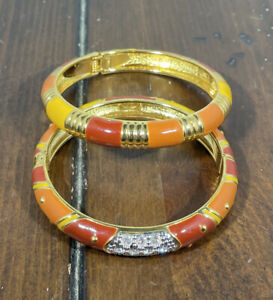 Joan Rivers Gold Tone Set of 2 Enamel & Rhinestones Warm Tones Hinged Bracelet 