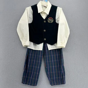90s Club Boys Outfit Vest Shirt Pants Plaid Embroidered Patch Set 4T - Picture 1 of 7