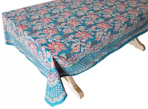 Hand Block Printed Tablecloth  - Waterlily Teal - 90" x 60" - Picture 1 of 3