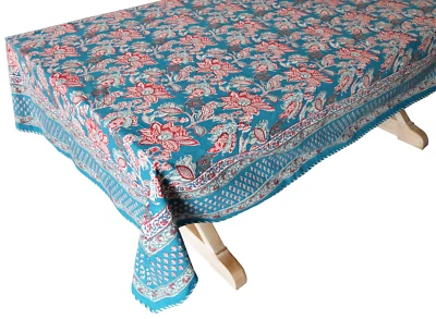 Hand Block Printed Tablecloth  - Waterlily Teal - 90" x 60" - Image 1 of 3