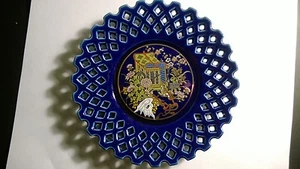 Vintage Japanese Hand Painted Deep Blue  Ceramic Plate Perforated Edge Signed - Picture 1 of 5
