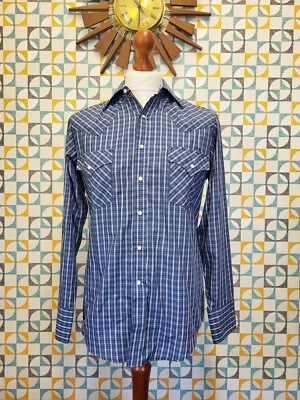 Vintage Mens Shirt 80's Plains Western Blue Check L/S Cowboy Ranch Small - Image 1 of 4