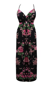 Stunning Long Black Pink Floral Chiffon Wedding Prom Bridesmaids Maxi Dress - Picture 1 of 2