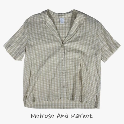 Camisa de campamento Melrose & Market para mujer a cuadros arrugados en garceta marfil talla M boho Foto 1 de 4