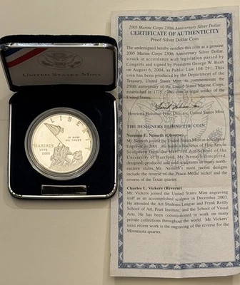 2005 Marine Corps 230th Anniversary Proof Silver Dollar Coin with Box and COA - Image 1 of 4