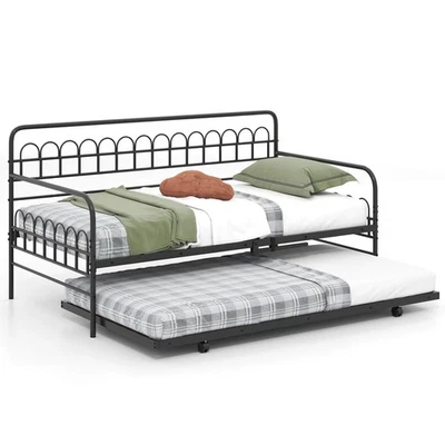 Twin Daybed with Trundle Curved Backrest & Armrests Heavy-duty Metal Slats Foto 1 de 4