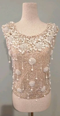 Top de lana vintage pequeño marfil iridiscente blanco lentejuelas años 50 60 Foto 1 de 4