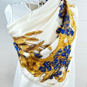 Vtg CHANEL Jewerly Print Scarf 100% Silk Square 37" White Blue Multicolor Used - Picture 1 of 23