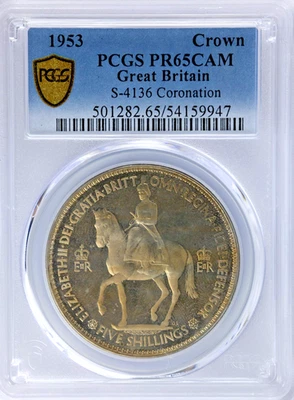 Corona de Gran Bretaña 1953 coronación Isabel II 5 chelines prueba graduación profesional PR65CAM Foto 1 de 4