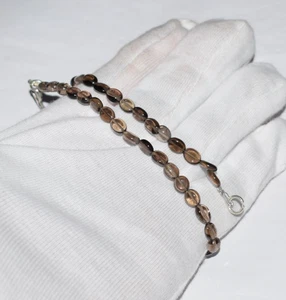 Smoky Quartz Smooth Oval Gemstone Beads 925 Silver Necklace 17" String Men Woman - Picture 1 of 11