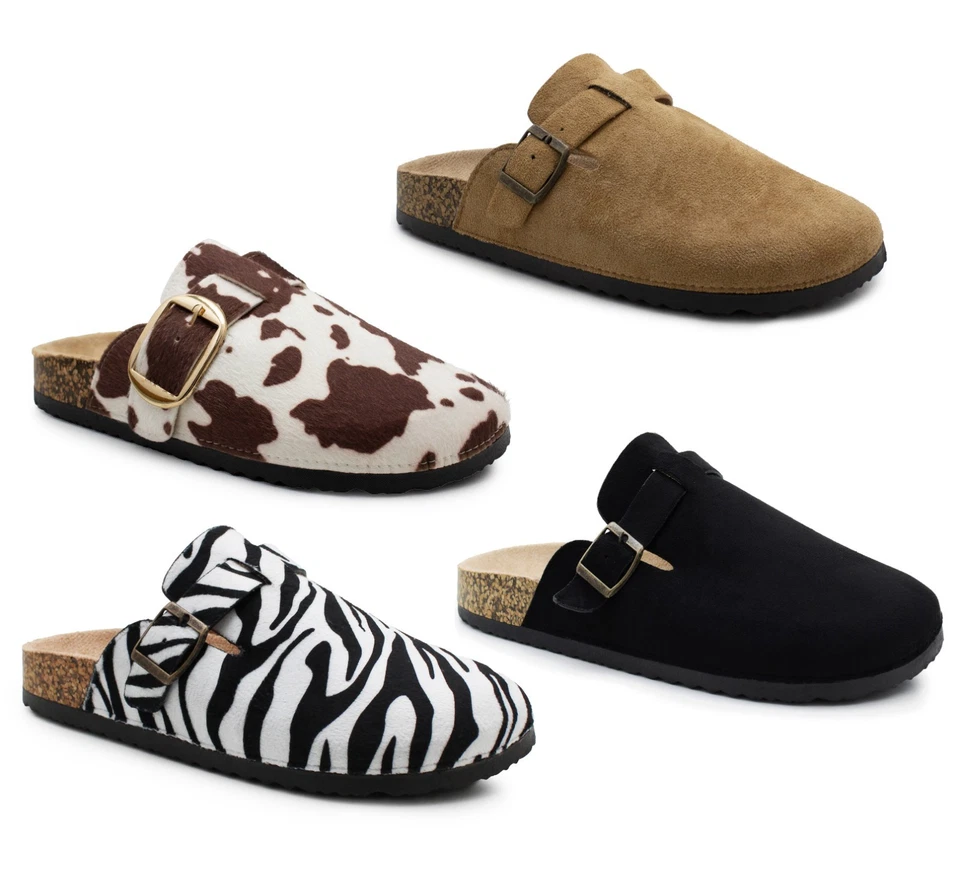 IMTY Womens Faux Suede Clogs Slip On Adjustable Buckle Cork Sole Arch Support Slipper