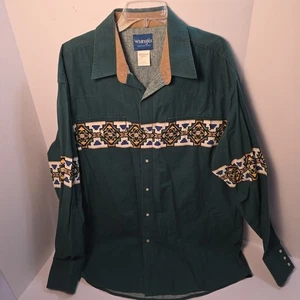 Wrangler Western Camicia Uomo 2XT Verde Stampa Azteca Cowboy Perla Snap Vintage - Foto 1 di 10