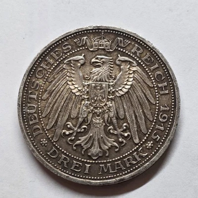 Preußen 3 Mark Silber 1915 A –100 Jahre Mansfeld Schöne Münze m.Patina-Videofilm - Bild 1 von 4