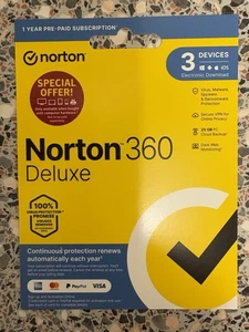 Norton 360 Deluxe 2025 3 Devices 1 Year + Secure VPN Internet Security - Picture 1 of 3