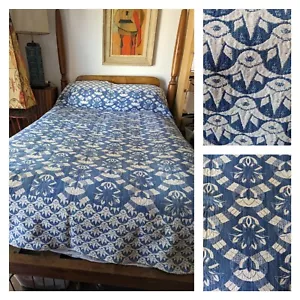 Coperchio Vintage Jacquard Tessuto Estate/Inverno 82 X94 Blu Bianco Selvage Edge - Foto 1 di 12
