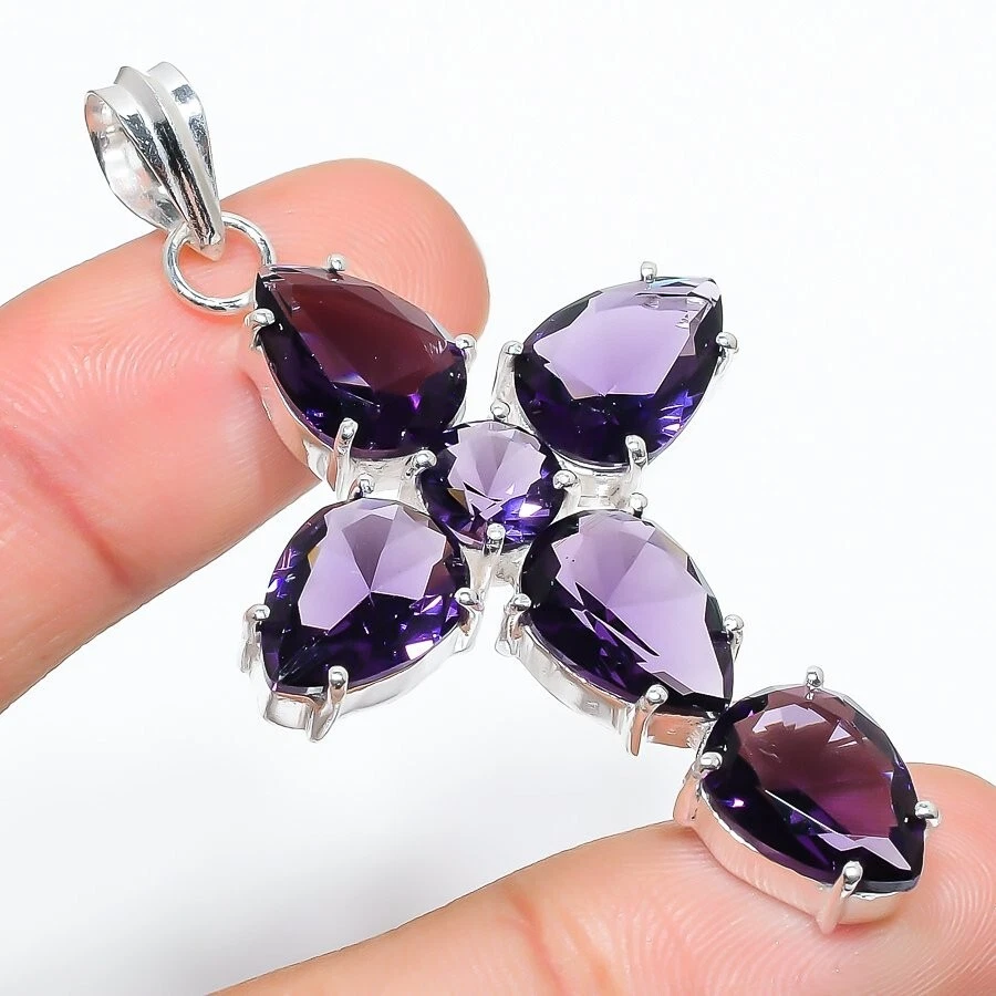 Purple Amethyst Gemstone Handmade 925 Sterling Silver Jewelry Pendant Sz 2.5" - Image 1 of 1