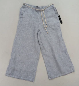 Tahari Women's Linen Pants Size L Blue White Striped Wide Leg Cropped NEW - Picture 1 of 15