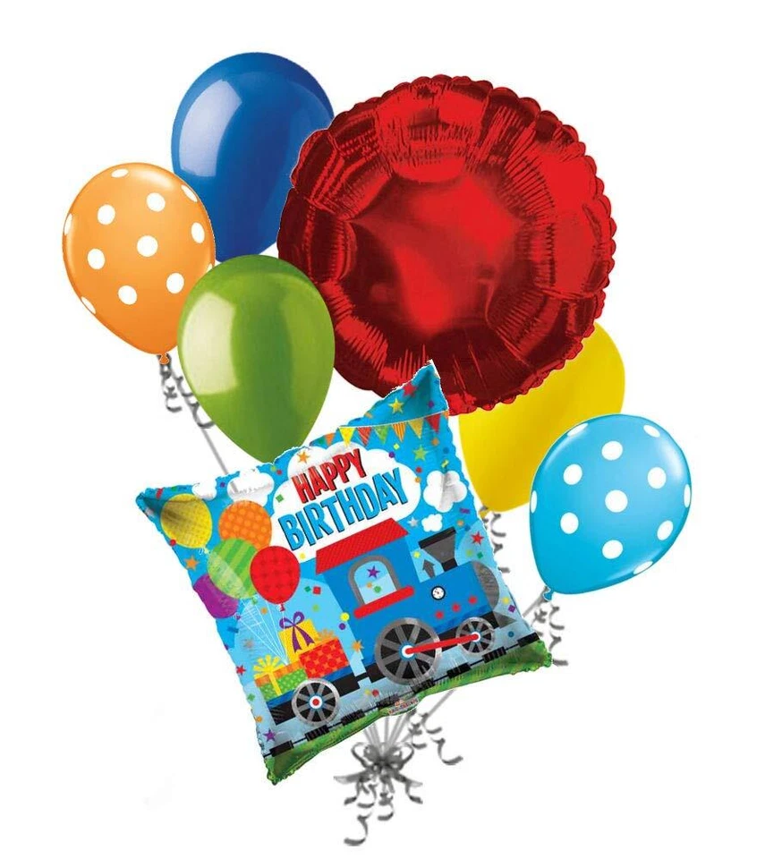 7 pc Choo Choo Train Happy Birthday Balloon Bouquet Party Decoration Boy Two 2nd - Image 1 of 4