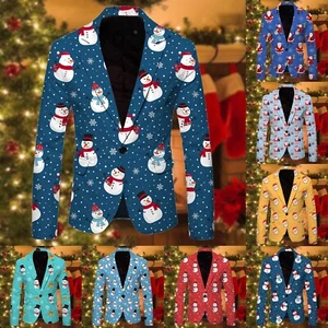 Christmas Tuxedo Suit Jacket for Mens Xmas Santa Claus Printed Blazer One Button - Picture 1 of 31