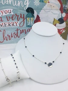 Milor Italy 925 Silver Black Onyx Station Necklace 18" & 2 Bracelets 9" Set - Picture 1 of 4