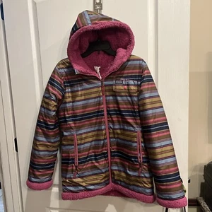 Patagonia Reversible Stripe Pink Sherpa Coat Hooded Jacket Girls XXL EUC - Picture 1 of 10
