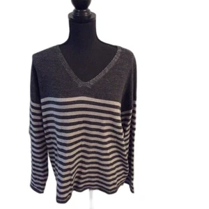 EILEEN FISHER 100% Merinowolle V-Ausschnitt gestreift grau schwarz Pullover Medium M  - Bild 1 von 6