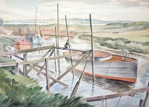 Thomas Stultiens (1903–1965) Watercolour figures working on a boat in estuary. - Picture 1 of 3
