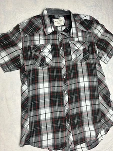 BKE Button Up Shirt Men’s XL Short Sleeve Pearl Snap Flap Over Pockets Red Plaid - Picture 1 of 7