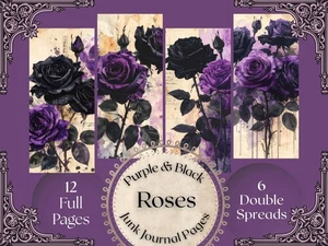 Purple Black Roses Junk Journal Kit 12 Pages + 6 Spreads Printable Ephemera - Picture 1 of 6