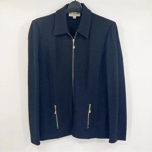 St. John Collection Black Zip Collared Sweater Jacket Size 12 Gold Lion Accents - Picture 1 of 7