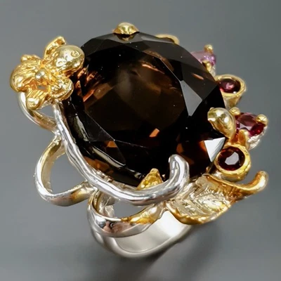Anillo de cuarzo ahumado natural hecho a mano de 26 quilates + plata de ley 925 talla 8/R442792 Foto 1 de 4