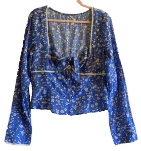 Free People Blue Floral Women's L/S Lace Blouse Button Up Crop Top Shirt SZ XL - Picture 1 of 6