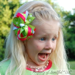 BonEful RTS NEW Boutique Girl Pink Green White Dot Ribbon 4" Toddler Lg Hair*Bow - Picture 1 of 6
